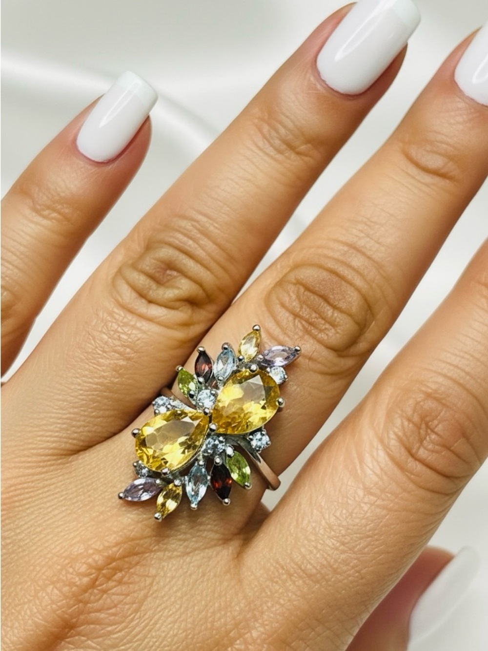 Bespoke Multi-Color Gemstone Cocktail Ring - Genuine Citrine, aqua, Garnet and